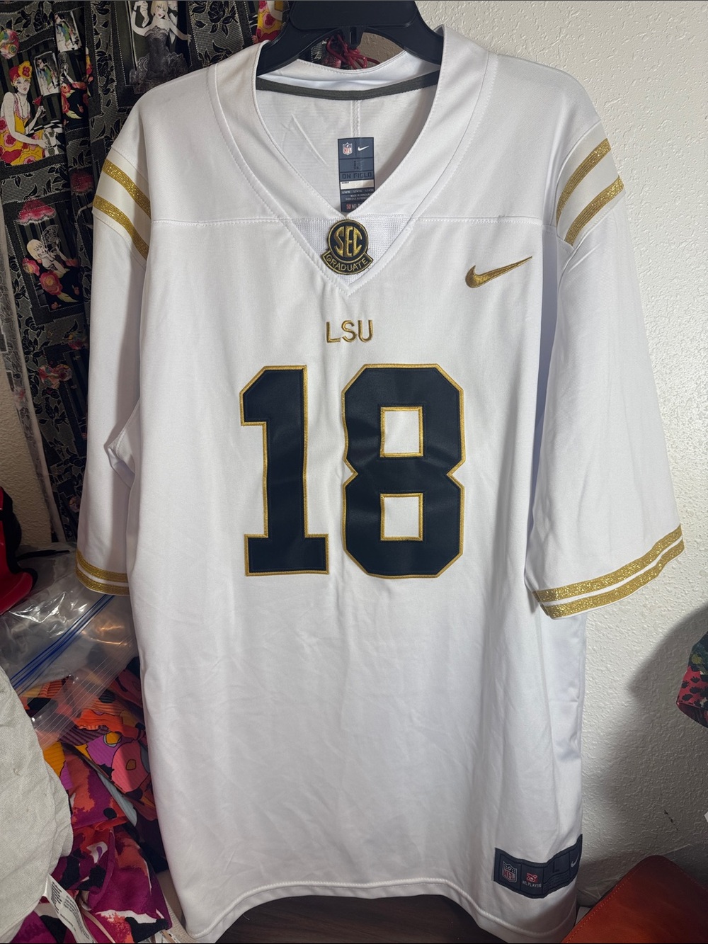 LSU Tigers Nike NFL Football Jersey # 18, On Field GEAUX Size L Sewn On White GB